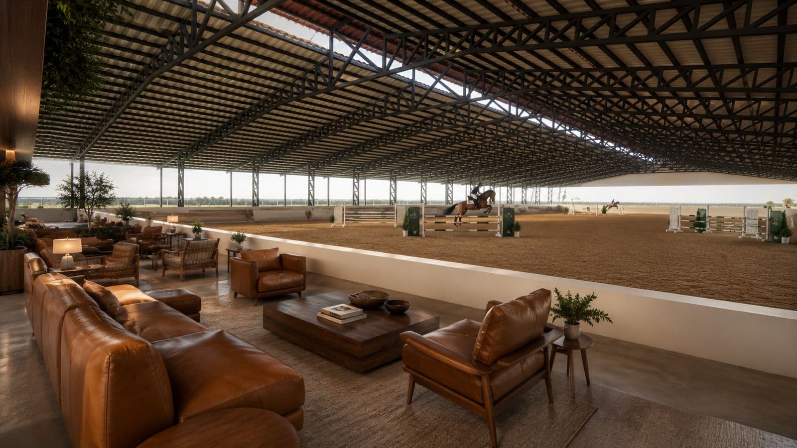 Lounge de couro com vista para a pista coberta de salto