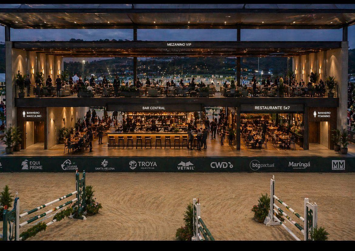 Mezanino VIP com bar e restaurante, sobre a pista coberta