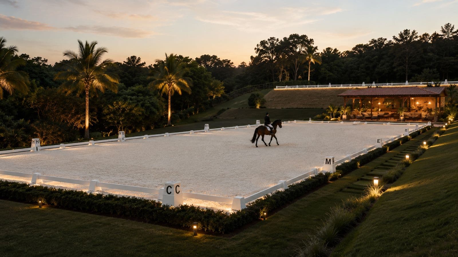 Pista de adestramento 20×60 ao entardecer, iluminada
