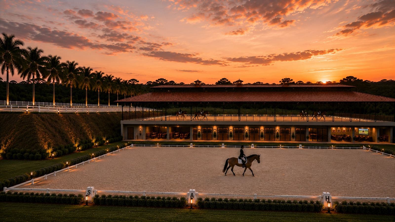 Picadeiro coberto e pista de adestramento ao pôr do sol